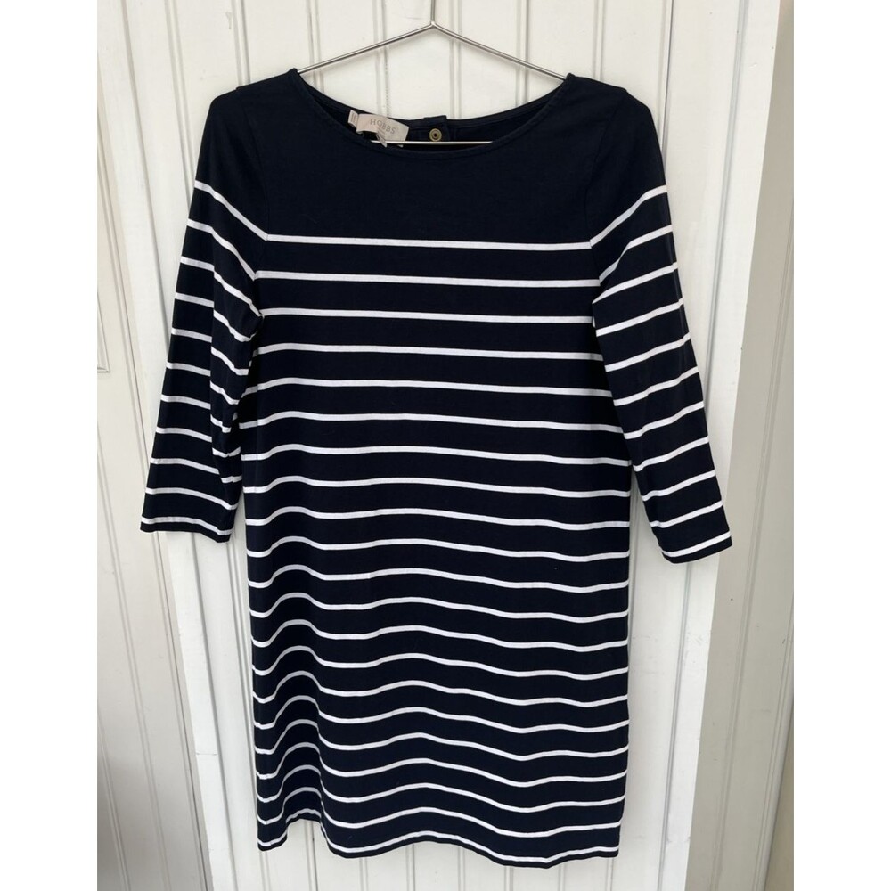 Hobbs London Sz 8 Navy Stripe Knit Dress Nautical Beach Preppy Cotton